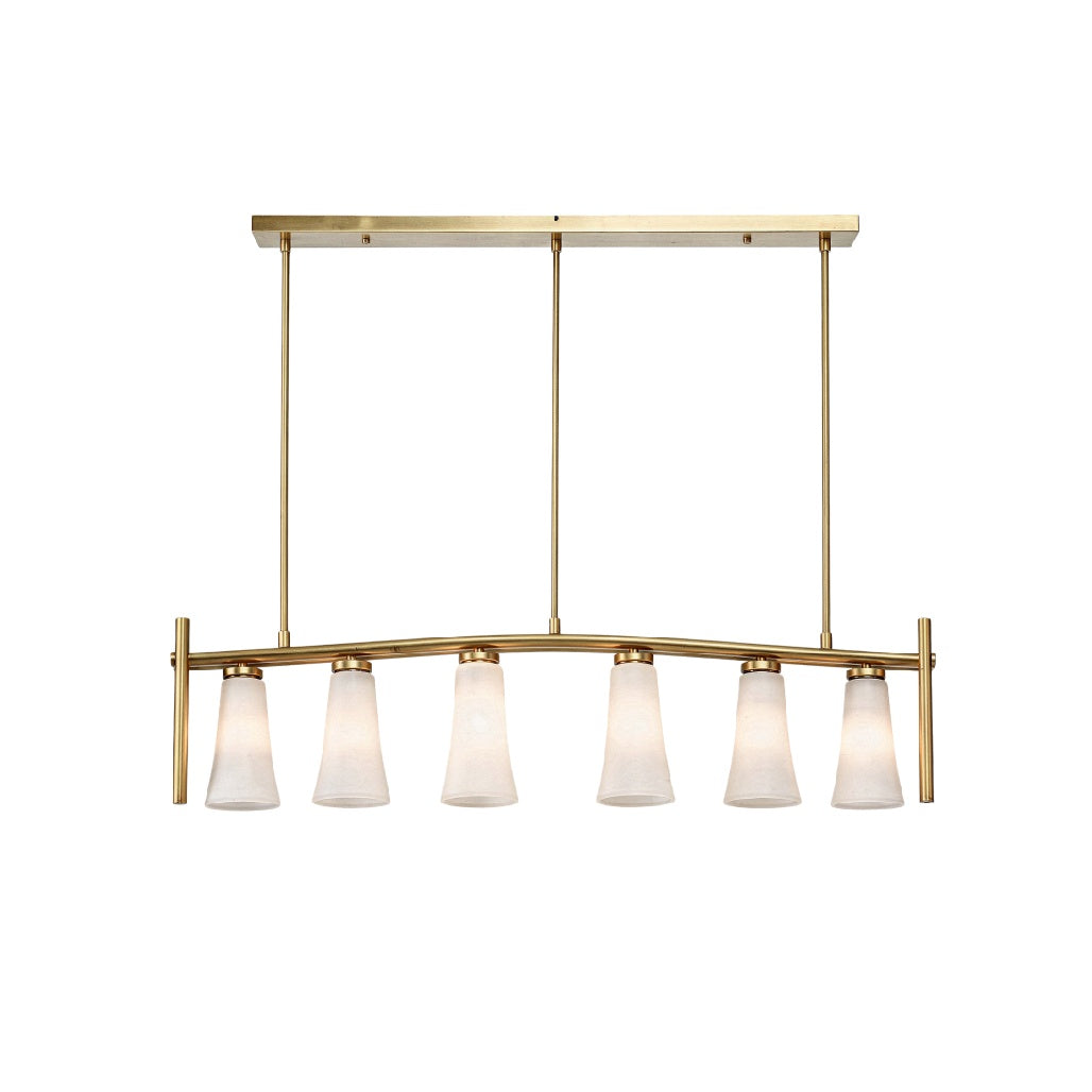 Moderne Hanglamp met 6 Witte Glas Kappen en Gouden Beugel
