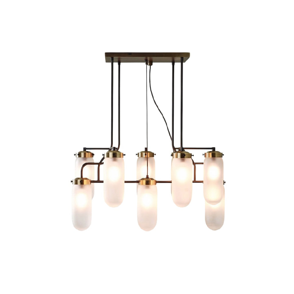 Moderne hanglamp met acht glazen kappen en gouden details