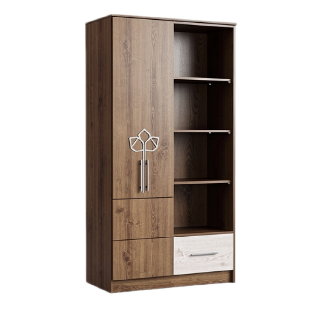 Titel: "Moderne Houten Kast met Open Schappen en Lades"