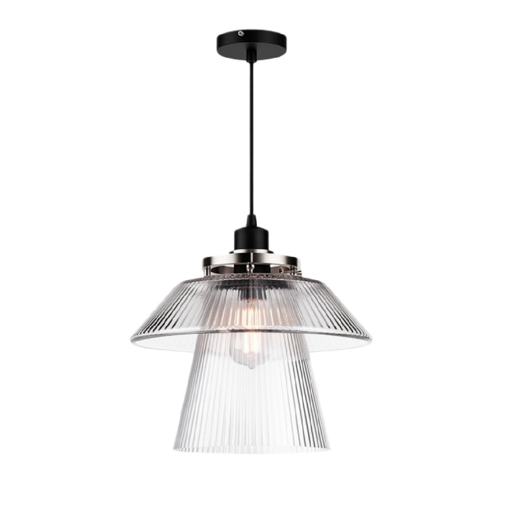 Moderne glazen hanglamp met ribbels en metalen details